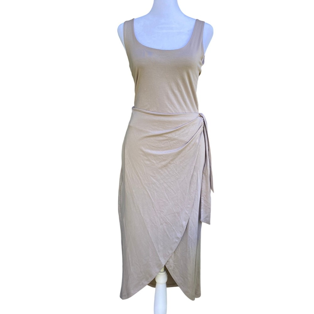 Beyond Yoga Intrigue Twist Knit Tan Midi Dress XS Asymmetrical Beach Luxe Lounge - Picture 2 of 7